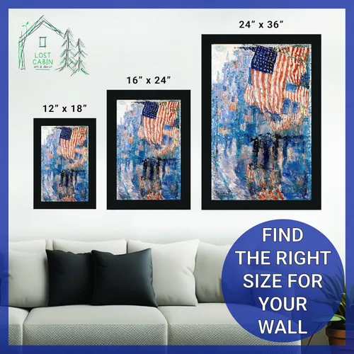 Vista 6 de Childe Hassam Lost Cabin The USA Flag Avenue in the Rain Marco biselado negro de lienzo Reproducción de pintura de obras de arte finas Póster