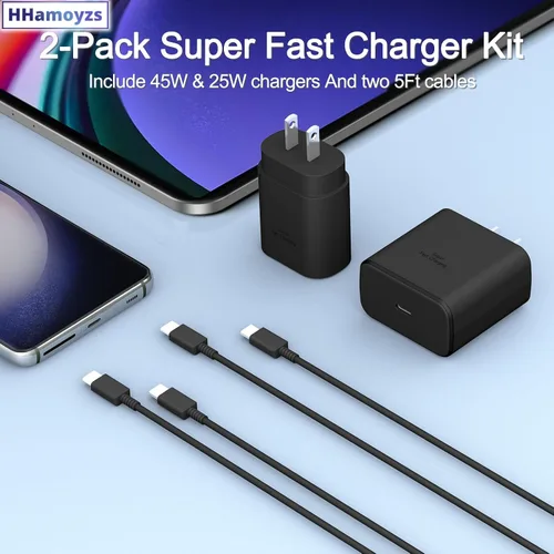 Vista 4 de Paquete de 2 cargadores USB C súper rápidos de 45 W + 25 W compatibles con Samsung Galaxy S22 S23 Ultra, cable de carga rápida