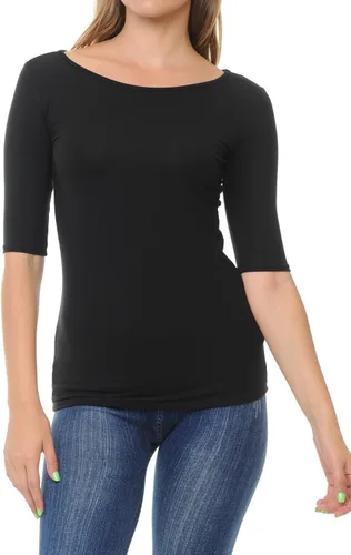 Vista 5 de SSOULM Camiseta básica elástica de manga 12 con cuello redondo y corte ajustado para mujer, talla grande