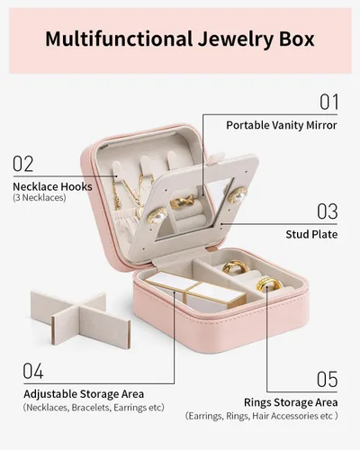 Vista 5 de Vlando Pequeño organizador de joyas de viaje, vitrina de joyería para niñas y mujeres, regalo de dama de honor, anillos, aretes, collares