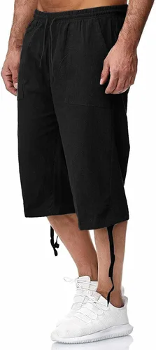 Vista 4 de Pantalones capri de lino para hombre, ligeros, sueltos, 34, pantalones cortos con cordón elástico en la cintura casual, pantalones de yoga