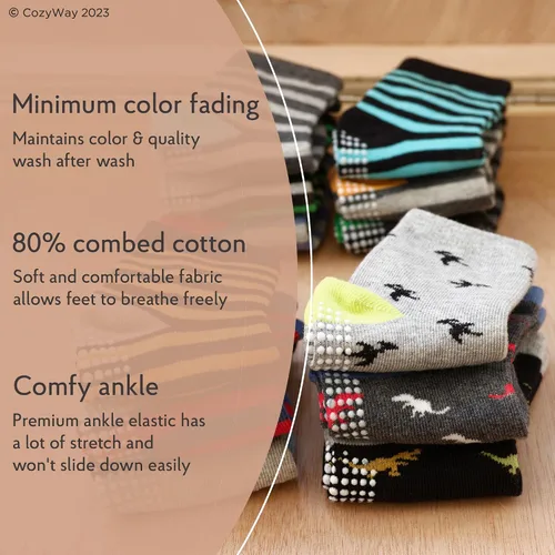 Vista 2 de CozyWay - Medias antideslizantes para niños con agarre, 12 pares de calcetines antideslizantes para niños y niñas de 1 a 9 años, Variados, 3-5T