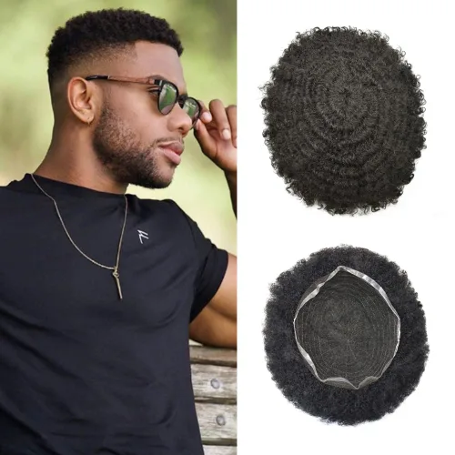 Vista 14 de Peluca de encaje suizo rizado afro para hombre, sistema de repuesto de peluca de encaje completo, extensiones duraderas de cabello humano #1 Negro