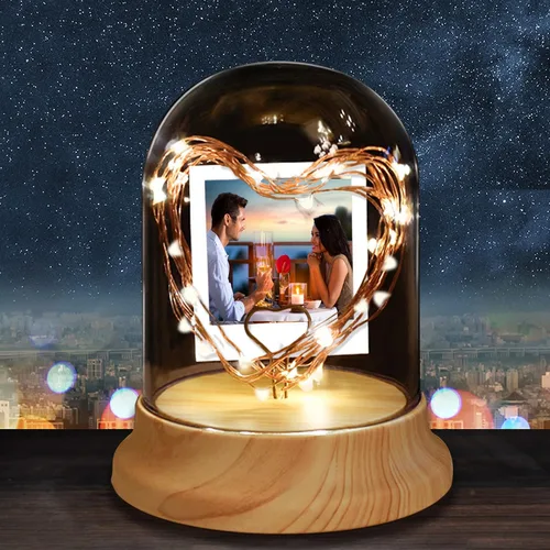 Vista 6 de Luz nocturna personalizada con foto, lámpara de noche personalizada con imagen de corazones en pantalla de vidrio con cadena de luces LED, regalos