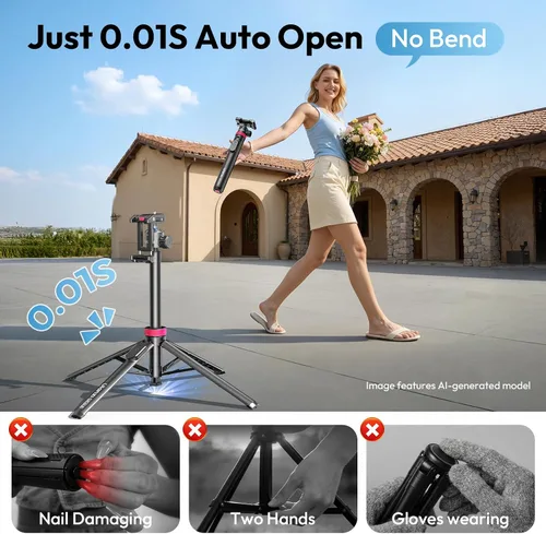 Vista 2 de ULANZI 0.01s Auto Pop - Trípode abierto para teléfono con control remoto, MT44B 59 pulgadas Selfie Stick trípode con doble montaje para teléfono