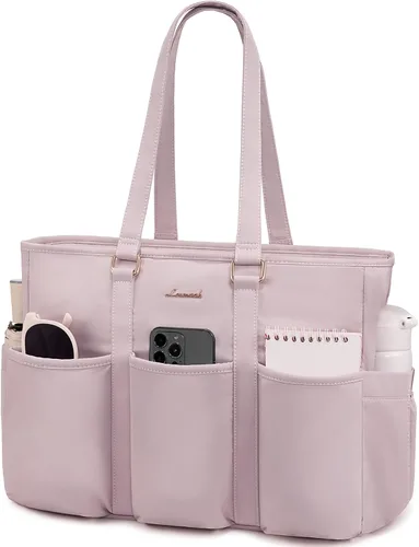 Vista 32 de LOVEVOOK bolso tote vintage para laptop para mujer, Beige-Negro, 15,6 pulg., Moda