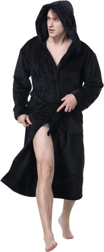 Vista 27 de KEMUSI Bata suave tipo herringbone con capucha para hombre, bata de spa de longitud completa, cómoda y cálida de noche Negro
