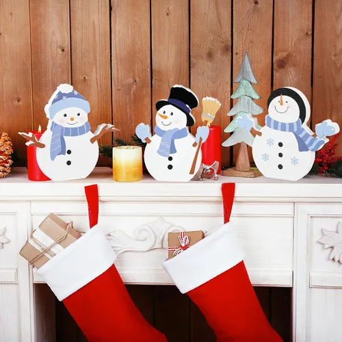 Vista 6 de Decoración de Navidad de muñeco de nieve COCHIE para interiores, lindo juego de decoración de bandeja escalonada de invierno de 3 piezas, bloques
