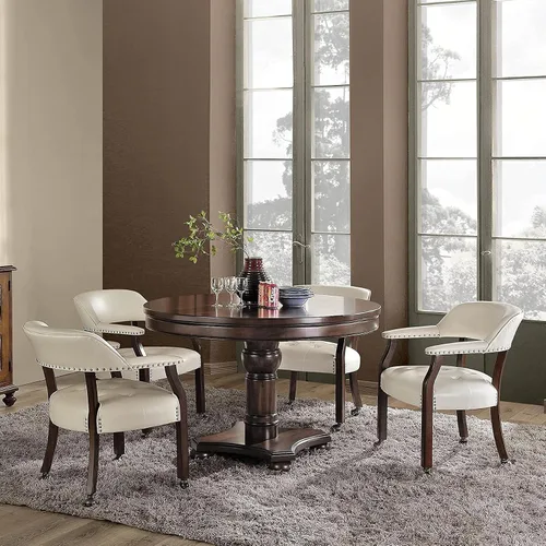 Vista 12 de LEEMTORIG Juego de 2 sillas de comedor con ruedas y brazo, sillas de comedor grandes con ruedas, silla de mesa de póquer de madera maciza, 26