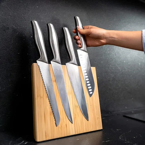Vista 5 de Coninx Soporte magnético para cuchillo con potente imán, soporte de guarda de madera de bambú, bloque organizador sin cuchillos
