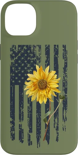 Vista 15 de iPhone 16 Yellow Sunflower Patriotic US American Flag Women Sage Green Case