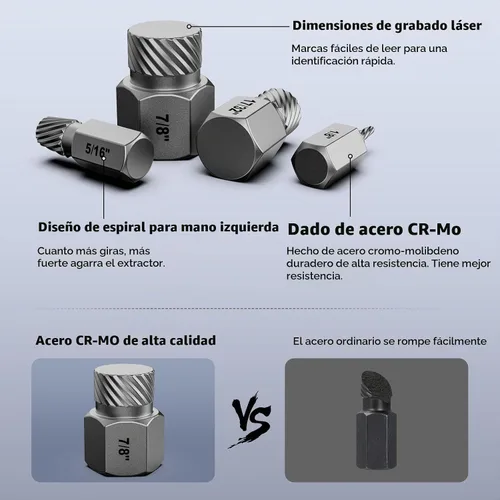 Vista 3 de Juego de extractor de tornillos, juego de extractor de pernos fácil de 25 piezas, tornillos y cabeza hexagonal con múltiples estrías, para quitar