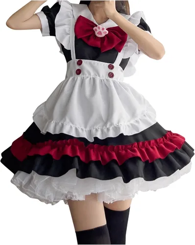 Vista 3 de Disfraz de sirvienta de talla grande disfraz gótico de Lolita negro y rojo disfraz de cosplay de anime para gatos y niñas Lolita lindo XXS