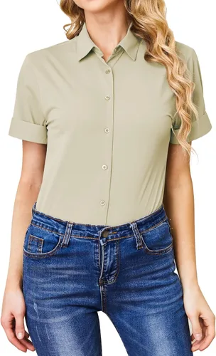 Vista 4 de Camisas con botones para mujer, sin arrugas, ajustadas, manga corta, formal, sólidas, blusas