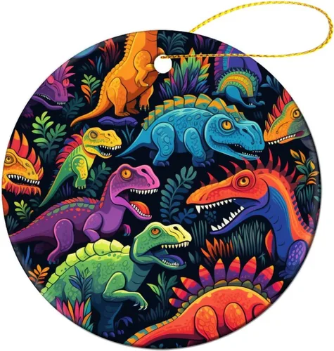 Vista 11 de Adorno colorido con patrón de dinosaurio de 3 pulgadas, adorno de Navidad de cerámica de 3 pulgadas, bonito adorno de Navidad de dibujos animados