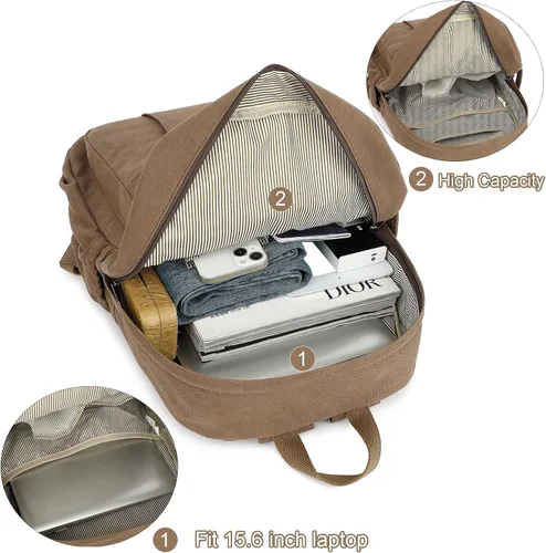 Vista 4 de AUGUR Mochila para laptop para mujer, bolsa de lona, mochila vintage de viaje pequeña, mochila retro casual, mochila de trabajo, Verde militar