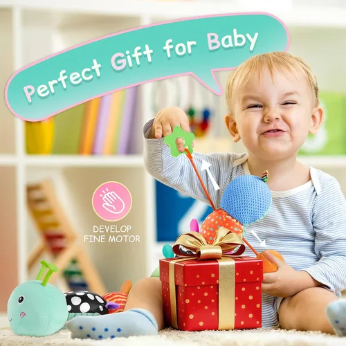 Vista 6 de Juguetes para Bebés Sensoriales Musicales de Animales de Peluche para Infantes de 0-3-6-12 Meses Tiempo Boca Abajo Recién Nacido, Oruga de Peluche