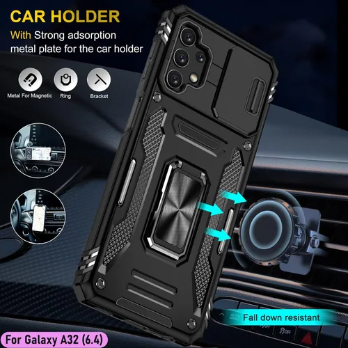 Vista 8 de Funda resistente para Samsung Galaxy A32 (4G), protector híbrido de goma de doble capa de grado militar con protector de cámara deslizante, soporte