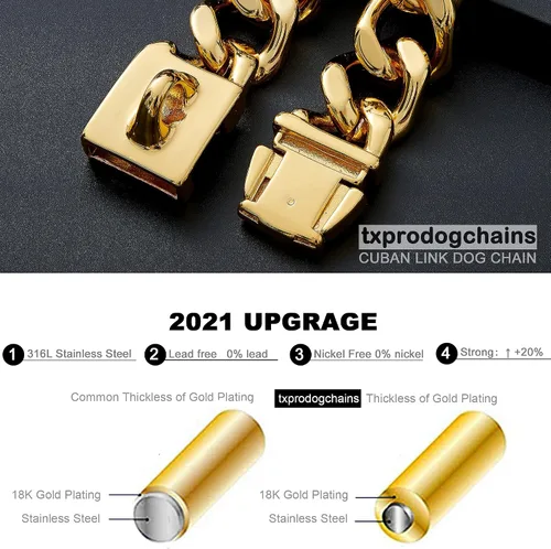 Vista 4 de txprodogchains Collar de cadena para perro grande con hebilla, resistente de 0.827 in de grosor, acero inoxidable, oro de 18 quilates, cadena