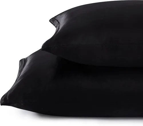 Vista 5 de Fundas de almohada de satén con cremallera (20 x 26), juego de 2 fundas de almohada de tamaño estándar, funda de almohada de seda negra para cabello