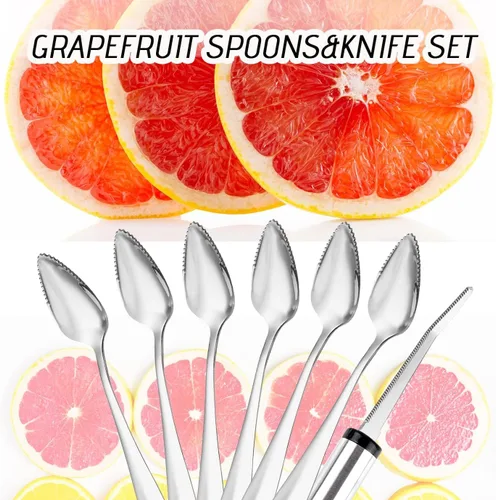 Vista 6 de WXJ13 7 cucharas de pomelo y cuchillo de toronja, cuchara de postre de toronja de acero inoxidable, utensilios de toronja dentada, herramientas