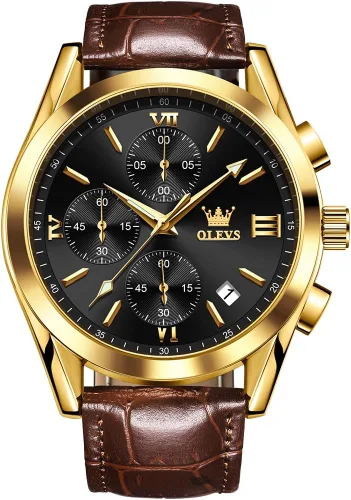Vista 19 de OLEVS Watch for Men Chronograph Brown Leather Analog Quartz Fashion Business Dress Large Face Men Watch Day Date Luminous Waterproof Casual Male