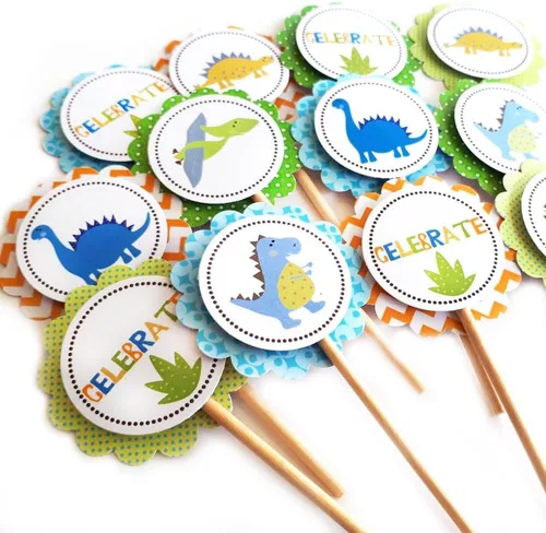Vista 2 de Juego de 12 adornos de dinosaurios para cupcakes de dinosaurio, suministros de fiesta de cumpleaños para baby shower