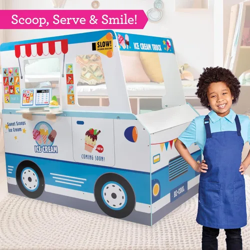 Vista 2 de Juego de camión de helados de madera - 20 piezas de juguetes divertidos incluyendo congelador, volante, fregadero y lámina de pegatinas para niños