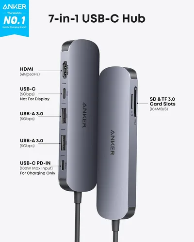 Vista 2 de Anker USB C Hub, adaptador USB multipuerto 7 en 1, divisor USBC a HDMI 4K a 60Hz 85W Max PD, 2 USB 3.0 & 1 USBC Data Ports, SD/TF Card Reader, for