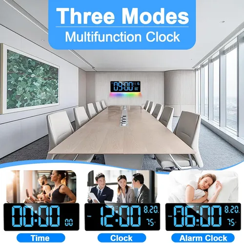 Vista 6 de XREXS Reloj de pared digital con pantalla grande, reloj de pared LED de 16.5 pulgadas con 6 luces nocturnas que cambian de color, DST automático