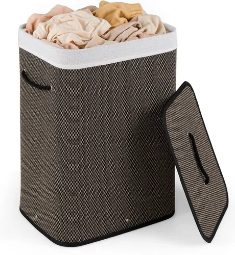 Vista 12 de Cesta de lavandería de bambú Giantex con tapa, cesta grande y alta de 72L para ropa con forro y asas extraíbles, cesta de lavandería rectangular