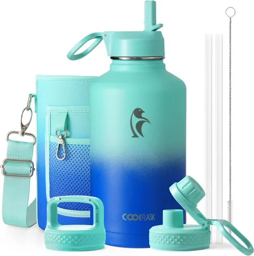 Vista 72 de Coolflask Botella de agua de 20 onzas aislada con pajilla, 3 tapas de metal de acero inoxidable, botella de agua de boca ancha para deportes u