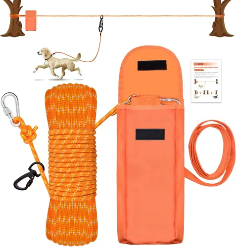 Vista 9 de Cable de amarre mejorado para perros para campamento, sistema de carrito portátil de 100 pies para 2 perros, sistema de enganche para perros Azul