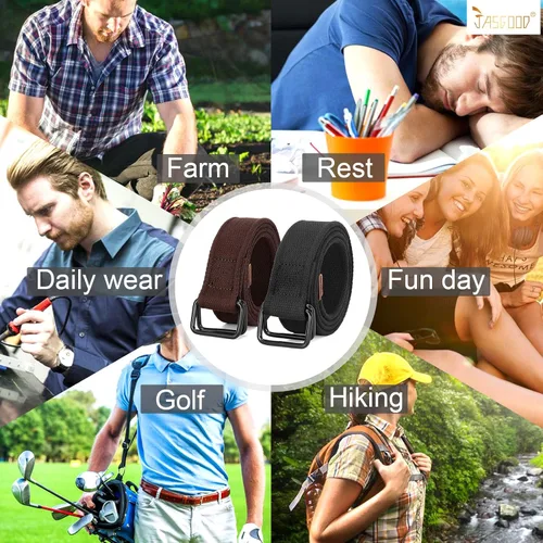 Vista 7 de JASGOOD Cinturones de tela de lona para hombres y mujeres, cinturones de tela con hebilla de doble anillo negro, paquete de 2