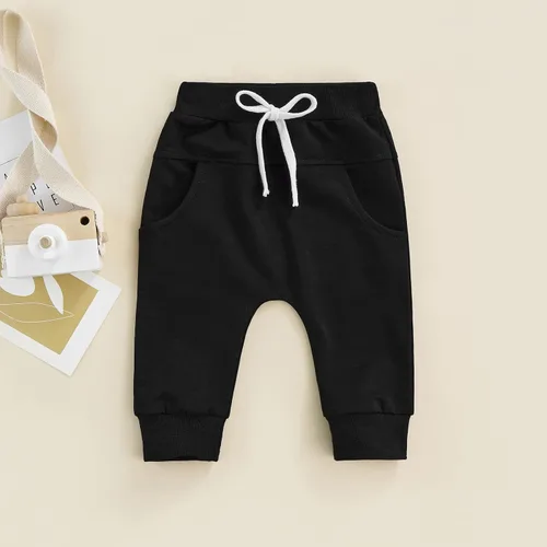 Vista 2 de lingsahng Pantalones de bebé para niño pequeño, cintura elástica, mezcla de algodón, pantalones deportivos holgados y largos, ropa de bebé, Negro