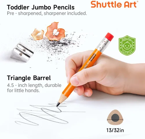 Vista 4 de Shuttle Art Lápices jumbo – Paquete de 36 lápices triangulares preafilados #2 HB con borradores y sacapuntas superiores, para niños de 4 a 6 años