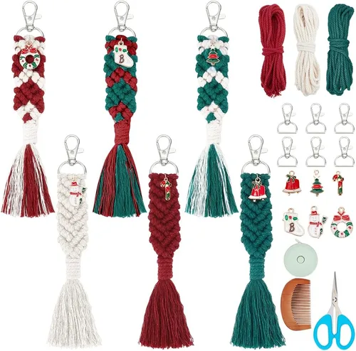 Vista 9 de INFUNLY Juego de 3 llaveros de macramé para bricolaje, llaveros de macramé de ángel, dijes de bolsa de macramé de Navidad con video de instrucciones
