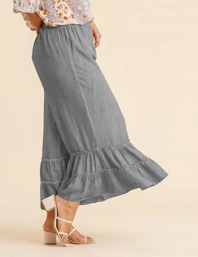 Vista 7 de Mundoven Pantalones de lino palazzo fluidos para mujer, elásticos, de cintura alta, pierna ancha, con volantes, holgados, pantalones de playa