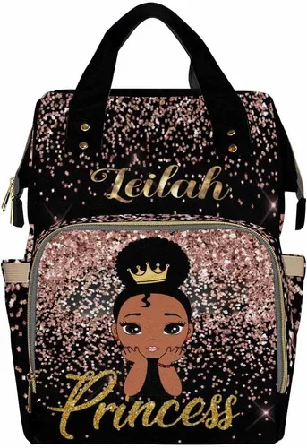 Vista 40 de Newcos Bolsa de pañales personalizada con estampado de corona con nombre personalizado de África negra para mujer, bolsa de pañales de viaje casual
