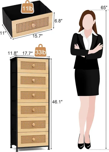 Vista 3 de Crestlive Products Cómoda de ratán, torre de almacenamiento alta de tela, cómoda con asas, unidad organizadora para dormitorio, pasillo, entrada
