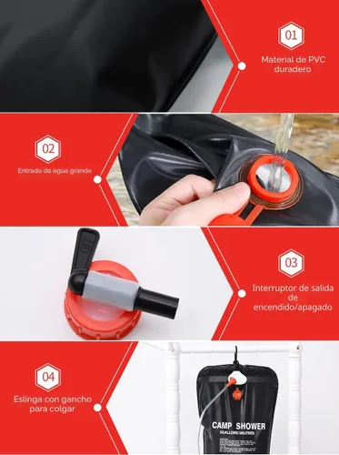 Vista 4 de DkOvn Bolsa de ducha solar, 5 galones/20L, bolsa de ducha para camping portátil con manguera extraíble y cabezal de ducha con interruptor
