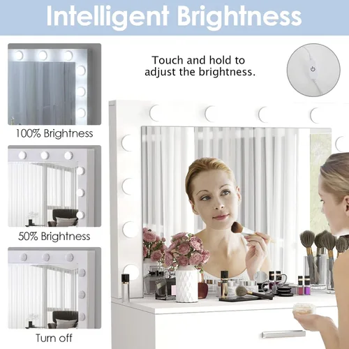 Vista 2 de Vabches Tocador de maquillaje con luces, Mesa tocador de maquillaje, Brillo ajustable, Cajón grande tocador resistente para dormitorio estudio
