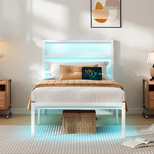 Vista 10 de CLIBFENG Base de cama individual con cabecero, soporte de listones de acero resistente, marco de cama LED con estación de carga USB, base de colchón