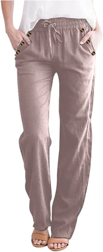 Vista 17 de Casual Pants for Women Summer Solid Color Drawstring Elastic Waist Pants Baggy Straight Leg Long Trouser with Pocket