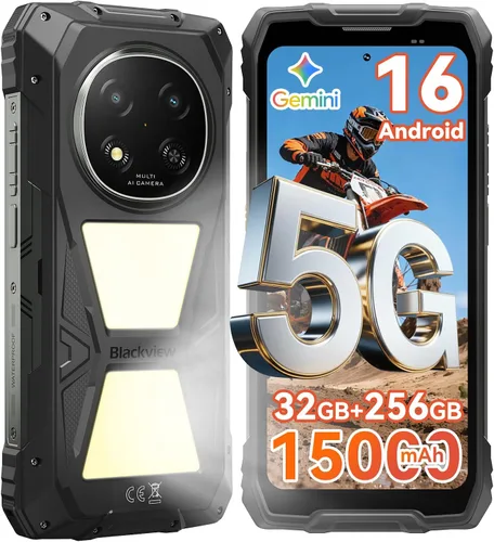 Vista 11 de Blackview Rock 2 Pro 5G Teléfono resistente Android 16, 15000mAh/33W Dual 400LM luz de camping, 32 (8+24) GB+256GB/2TB Smartphone resistente Negro