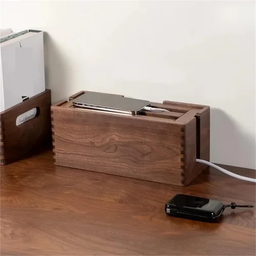 Vista 5 de Wood Cable Box Organizer Power Strip Cord Storage Desktop Wire Hider Home Office Router for TV Wires, Computer(Large Black Walnut)