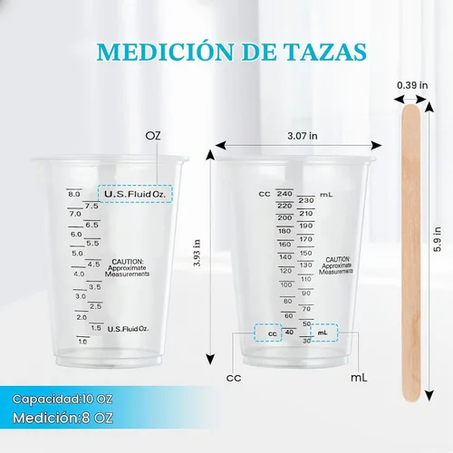 Vista 7 de Paquete de 100 vasos medidores de plástico, vasos desechables de 10 onzas con 100 varillas de mezcla de madera, se pueden utilizar para resina