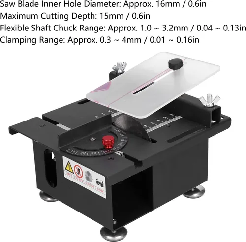 Vista 6 de Sierra de mesa Mini 100W, riel deslizante ajustable para carpintería, engranajes de 7 velocidades, corte de 0-90 grados, 0-6000r / min, aleación