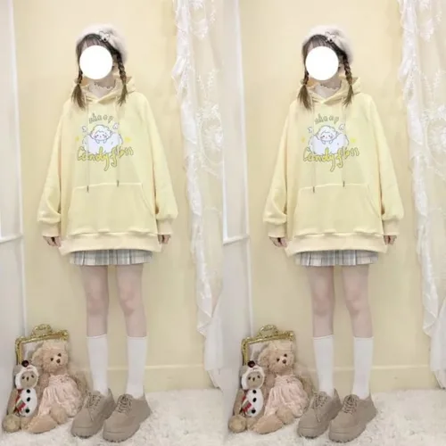 Vista 5 de Sudadera con capucha Kawaii con estampado de oveja, sudadera estética de gran tamaño, ropa de calle Harajuku, Albaricoque