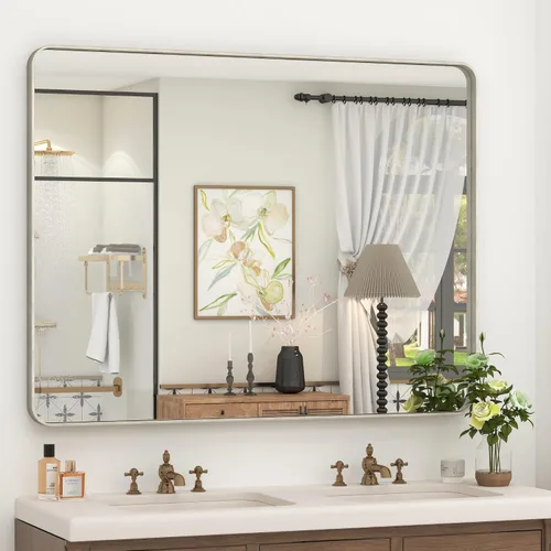 Vista 24 de Paquete de 2 espejos de baño con marco de metal negro de 22 x 30 pulgadas, espejo rectangular redondeado negro mate, antioxidante, se cuelga